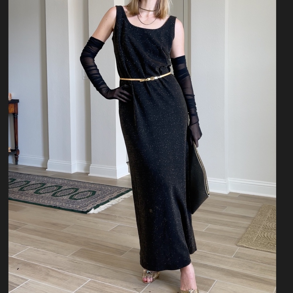 Vintage 90s Gold Sparkle on Black Dress, Size Medium